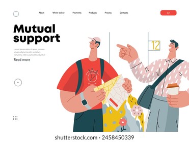 Mutual Support: Directing a passerby -modern flat vector concept illustration of man pointing the way to a tourist. A metaphor of voluntary, collaborative exchanges of resource, services