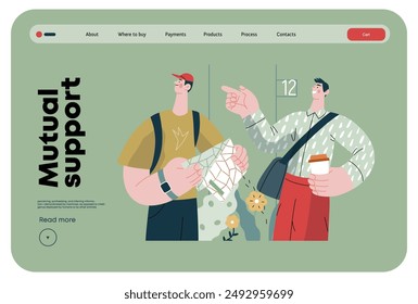 Mutual Support: Directing a passerby -modern flat vector concept illustration of man pointing the way to a tourist. A metaphor of voluntary, collaborative exchanges of resource, services