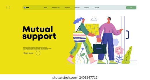 Mutual Support: Door Holding - modern flat vector concept illustration of woman carrying heavy box and man holding door for her. A metaphor of voluntary, collaborative exchanges of resource, services