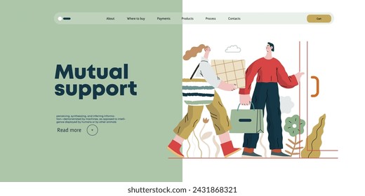 Mutual Support: Door Holding - modern flat vector concept illustration of woman carrying heavy box and man holding door for her. A metaphor of voluntary, collaborative exchanges of resource, services