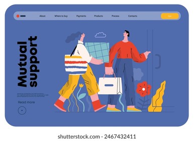 Mutual Support: Door Holding - modern flat vector concept illustration of woman carrying heavy box and man holding door for her. A metaphor of voluntary, collaborative exchanges of resource, services