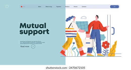 Mutual Support: Door Holding - modern flat vector concept illustration of woman carrying heavy box and man holding door for her. A metaphor of voluntary, collaborative exchanges of resource, services