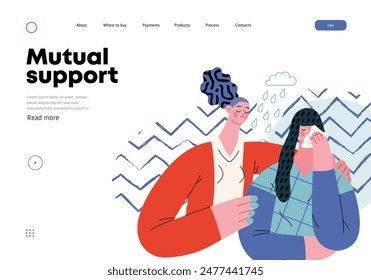 Mutual Support: Emotional aid and support -modern flat vector concept illustration of a woman comforting her friend in her sorrow A metaphor of voluntary, collaborative exchanges of resource, services