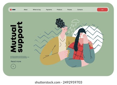 Mutual Support: Emotional aid and support -modern flat vector concept illustration of a woman comforting her friend in her sorrow A metaphor of voluntary, collaborative exchanges of resource, services