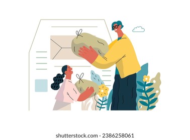Mutual Support Giving clothes to donation bins -modern flat vector concept illustration of people placing bags of clothes into drop-off box A metaphor of voluntary, collaborative exchanges of resource
