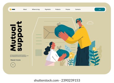 Mutual Support Giving clothes to donation bins -modern flat vector concept illustration of people placing bags of clothes into drop-off box A metaphor of voluntary, collaborative exchanges of resource