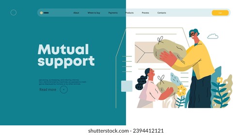 Mutual Support Giving clothes to donation bins -modern flat vector concept illustration of people placing bags of clothes into drop-off box A metaphor of voluntary, collaborative exchanges of resource
