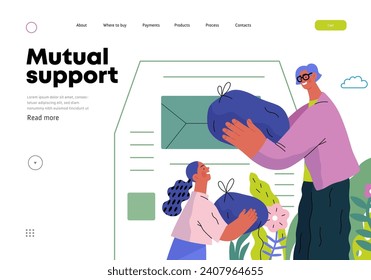 Apoyo mutuo Entregar ropa a las papeleras de donación -moderna ilustración de un vector plano de personas colocando bolsas de ropa en caja desplegable Una metáfora de intercambios voluntarios y colaborativos de recursos