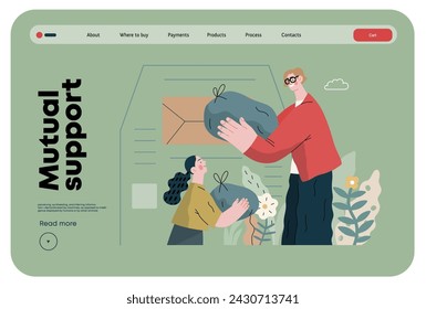 Mutual Support Giving clothes to donation bins -modern flat vector concept illustration of people placing bags of clothes into drop-off box A metaphor of voluntary, collaborative exchanges of resource