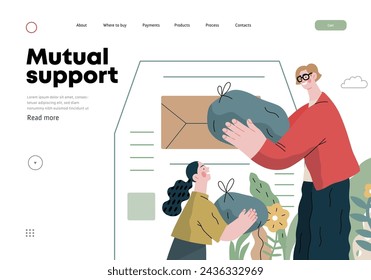 Mutual Support Giving clothes to donation bins -modern flat vector concept illustration of people placing bags of clothes into drop-off box A metaphor of voluntary, collaborative exchanges of resource