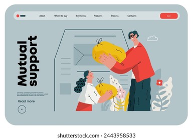 Mutual Support Giving clothes to donation bins -modern flat vector concept illustration of people placing bags of clothes into drop-off box A metaphor of voluntary, collaborative exchanges of resource