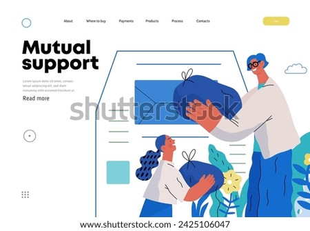 Mutual Support Giving clothes to donation bins -modern flat vector concept illustration of people placing bags of clothes into drop-off box A metaphor of voluntary, collaborative exchanges of resource