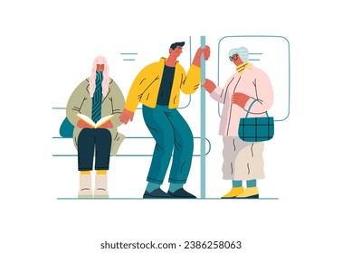 Mutual Support Giving up seat in public transport -modern flat vector concept illustration of man offering his seat to elderly woman on bus A metaphor of voluntary, collaborative exchanges of services