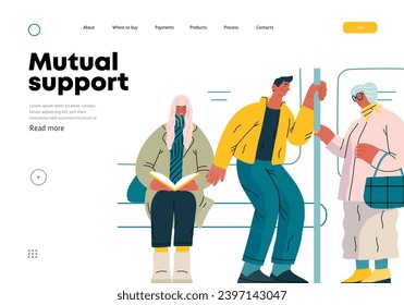 Mutual Support Giving up seat in public transport -modern flat vector concept illustration of man offering his seat to elderly woman on bus A metaphor of voluntary, collaborative exchanges of services
