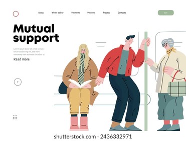 Mutual Support Giving up seat in public transport -modern flat vector concept illustration of man offering his seat to elderly woman on bus A metaphor of voluntary, collaborative exchanges of services