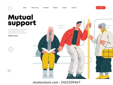 Mutual Support Giving up seat in public transport -modern flat vector concept illustration of man offering his seat to elderly woman on bus A metaphor of voluntary, collaborative exchanges of services