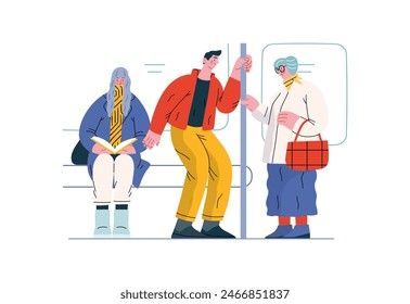 Mutual Support Giving up seat in public transport -modern flat vector concept illustration of man offering his seat to elderly woman on bus A metaphor of voluntary, collaborative exchanges of services