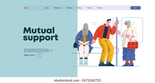 Mutual Support Giving up seat in public transport -modern flat vector concept illustration of man offering his seat to elderly woman on bus A metaphor of voluntary, collaborative exchanges of services