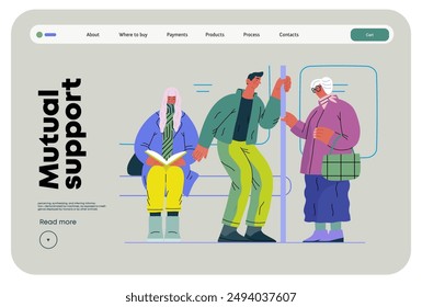 Mutual Support Giving up seat in public transport -modern flat vector concept illustration of man offering his seat to elderly woman on bus A metaphor of voluntary, collaborative exchanges of services