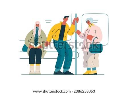 Mutual Support Giving up seat in public transport -modern flat vector concept illustration of man offering his seat to elderly woman on bus A metaphor of voluntary, collaborative exchanges of services