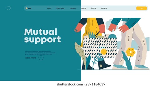 Mutual Support: Helping carry a heavy bag -modern flat vector concept illustration of a woman carrying shopping bag being assisted by man. Metaphor of voluntary, collaborative exchanges of services