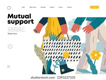 Mutual Support: Helping carry a heavy bag -modern flat vector concept illustration of a woman carrying shopping bag being assisted by man. Metaphor of voluntary, collaborative exchanges of services