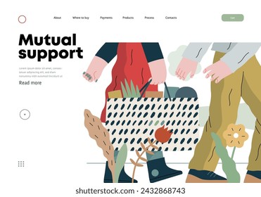 Mutual Support: Helping carry a heavy bag -modern flat vector concept illustration of a woman carrying shopping bag being assisted by man. Metaphor of voluntary, collaborative exchanges of services
