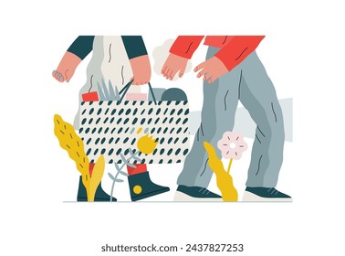 Apoyo mutuo: Ayudando a llevar una bolsa pesada - ilustración vectorial plana moderna de una mujer que lleva una bolsa de compras siendo asistido por el hombre. Metáfora del intercambio voluntario y colaborativo de servicios