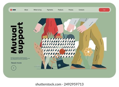 Mutual Support: Helping carry a heavy bag -modern flat vector concept illustration of a woman carrying shopping bag being assisted by man. Metaphor of voluntary, collaborative exchanges of services