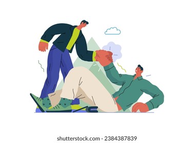 Mutual Support: Helping a fallen person get up -modern flat vector concept illustration of man assisting another man to stand up A metaphor of voluntary, collaborative exchanges of resource, services