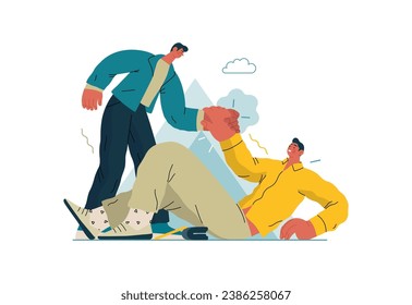 Mutual Support: Helping a fallen person get up -modern flat vector concept illustration of man assisting another man to stand up A metaphor of voluntary, collaborative exchanges of resource, services