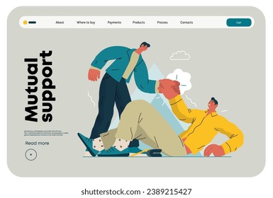 Mutual Support: Helping a fallen person get up -modern flat vector concept illustration of man assisting another man to stand up A metaphor of voluntary, collaborative exchanges of resource, services