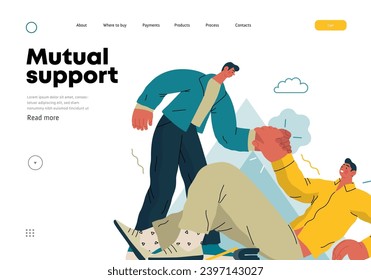 Mutual Support: Helping a fallen person get up -modern flat vector concept illustration of man assisting another man to stand up A metaphor of voluntary, collaborative exchanges of resource, services