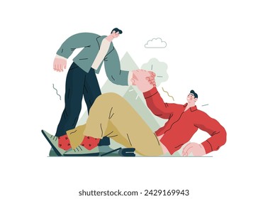 Mutual Support: Helping a fallen person get up -modern flat vector concept illustration of man assisting another man to stand up A metaphor of voluntary, collaborative exchanges of resource, services