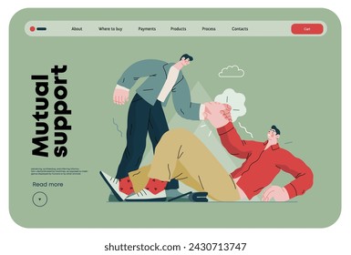 Mutual Support: Helping a fallen person get up -modern flat vector concept illustration of man assisting another man to stand up A metaphor of voluntary, collaborative exchanges of resource, services