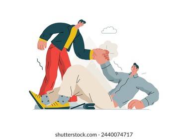 Mutual Support: Helping a fallen person get up -modern flat vector concept illustration of man assisting another man to stand up A metaphor of voluntary, collaborative exchanges of resource, services