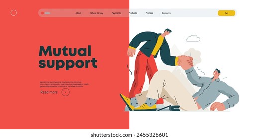 Mutual Support: Helping a fallen person get up -modern flat vector concept illustration of man assisting another man to stand up A metaphor of voluntary, collaborative exchanges of resource, services