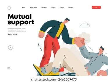 Mutual Support: Helping a fallen person get up -modern flat vector concept illustration of man assisting another man to stand up A metaphor of voluntary, collaborative exchanges of resource, services