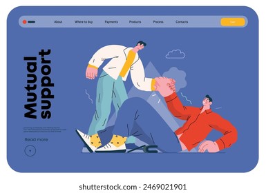 Mutual Support: Helping a fallen person get up -modern flat vector concept illustration of man assisting another man to stand up A metaphor of voluntary, collaborative exchanges of resource, services
