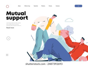 Mutual Support: Helping a fallen person get up -modern flat vector concept illustration of man assisting another man to stand up A metaphor of voluntary, collaborative exchanges of resource, services