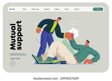 Mutual Support: Helping a fallen person get up -modern flat vector concept illustration of man assisting another man to stand up A metaphor of voluntary, collaborative exchanges of resource, services