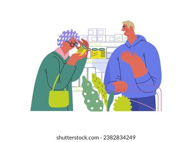 Mutual Support: Helping a visually impaired person -modern flat vector concept illustration of man offering to read label for woman in supermarket A metaphor of voluntary, collaborative exchanges