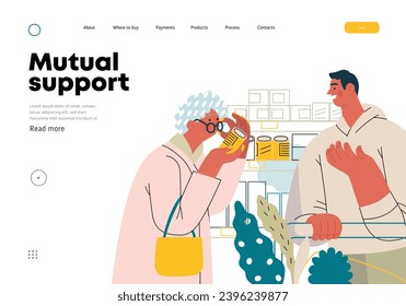 Apoyo mutuo: Ayudar a una persona con discapacidad visual -moderna ilustración de concepto vectorial plano de la oferta del hombre de leer la etiqueta para la mujer en el supermercado Una metáfora de intercambios voluntarios y colaborativos