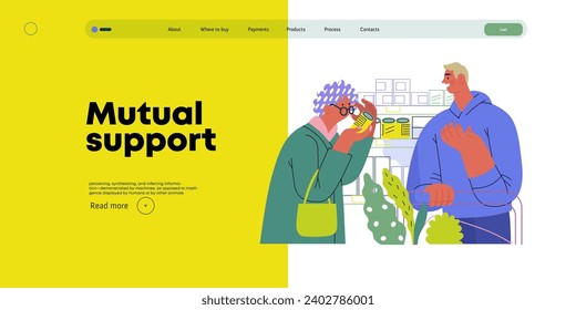 Apoyo mutuo: Ayudar a una persona con discapacidad visual -moderna ilustración de concepto vectorial plano de la oferta del hombre de leer la etiqueta para la mujer en el supermercado Una metáfora de intercambios voluntarios y colaborativos