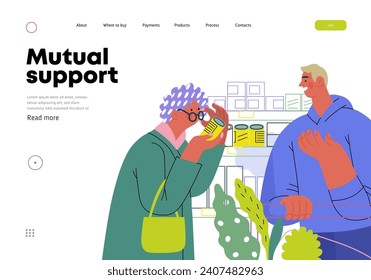 Mutual Support: Helping a visually impaired person -modern flat vector concept illustration of man offering to read label for woman in supermarket A metaphor of voluntary, collaborative exchanges