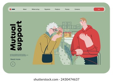 Mutual Support: Helping a visually impaired person -modern flat vector concept illustration of man offering to read label for woman in supermarket A metaphor of voluntary, collaborative exchanges