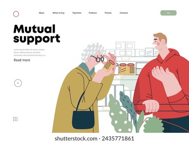 Mutual Support: Helping a visually impaired person -modern flat vector concept illustration of man offering to read label for woman in supermarket A metaphor of voluntary, collaborative exchanges