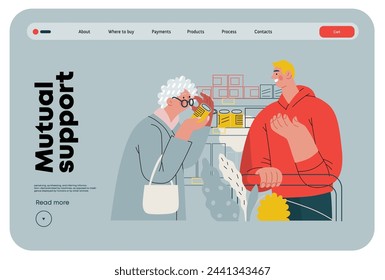 Mutual Support: Helping a visually impaired person -modern flat vector concept illustration of man offering to read label for woman in supermarket A metaphor of voluntary, collaborative exchanges