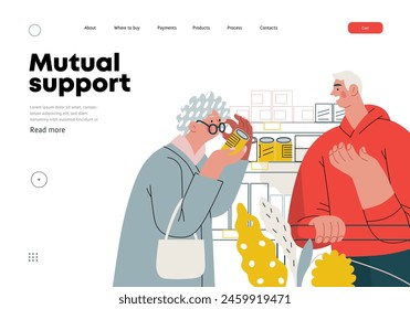 Mutual Support: Helping a visually impaired person -modern flat vector concept illustration of man offering to read label for woman in supermarket A metaphor of voluntary, collaborative exchanges
