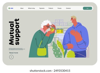 Mutual Support: Helping a visually impaired person -modern flat vector concept illustration of man offering to read label for woman in supermarket A metaphor of voluntary, collaborative exchanges
